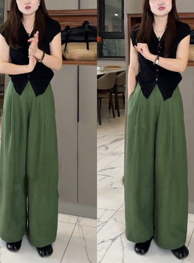 天丝亚麻绿色阔腿裤女2026夏款高腰显瘦垂感直筒麻料高级感休闲裤