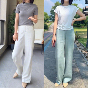 2025夏季薄款新款直筒裤窄版阔腿裤天丝亚麻休闲宽松显瘦白色裤子
