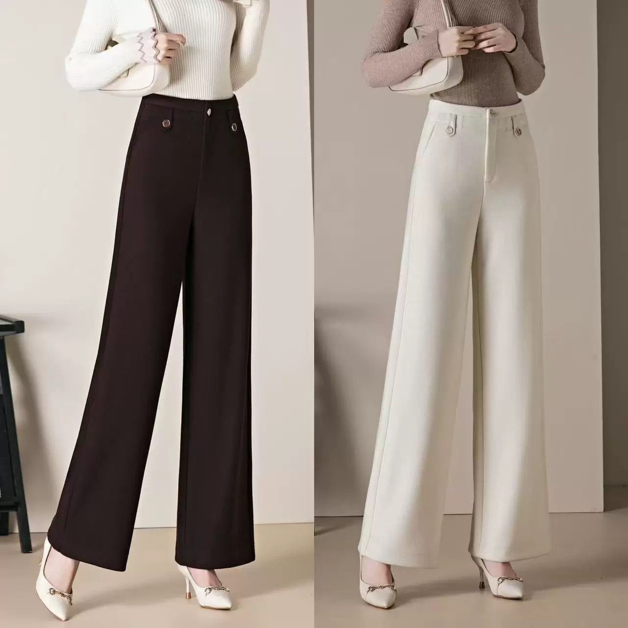 天丝羊毛窄版阔腿裤2025秋季气质女士时尚百搭抗皱高腰直筒裤长裤