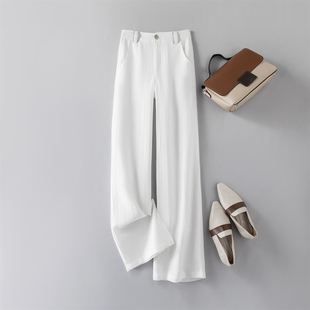 2025夏季新款白色天丝亚麻人字纹直筒裤女高端窄版阔腿裤休闲女裤