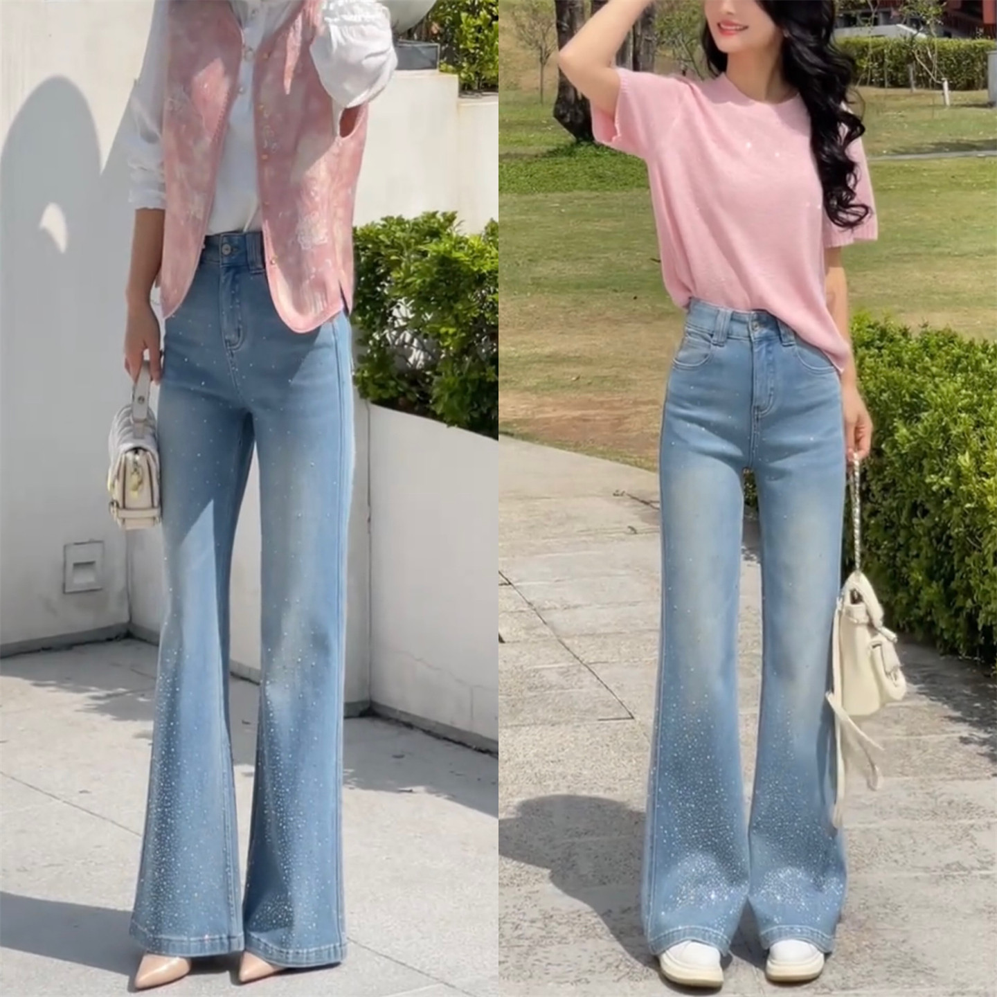 带钻微喇牛仔裤女2026新款宽松显瘦休闲裤舒适满天星喇叭裤长裤子