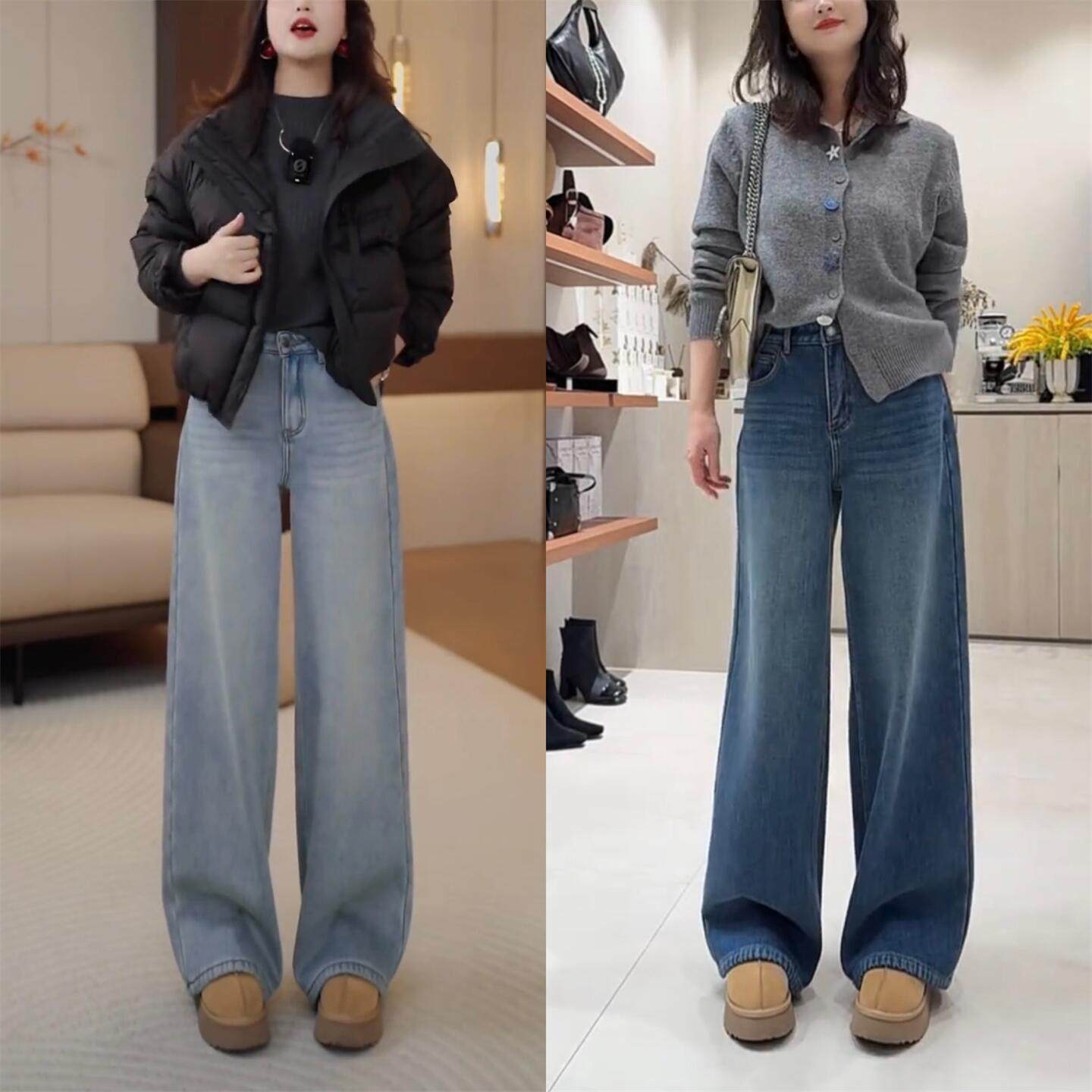 2026新款春季新款阔腿牛仔裤女复古蓝宽松显瘦休闲裤拼接小弯刀裤