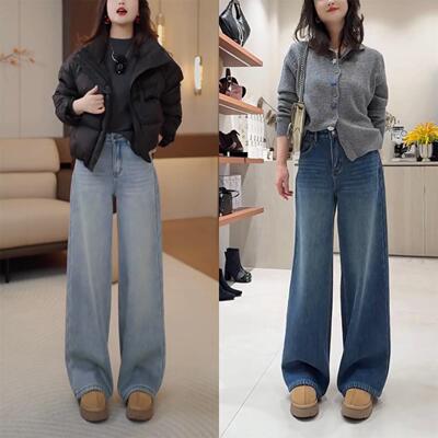 2026新款春季新款阔腿牛仔裤女复古蓝宽松显瘦休闲裤拼接小弯刀裤