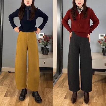 加绒弯刀裤女2026冬季新款小个子九分裤加厚羊毛呢气质镰刀香蕉裤