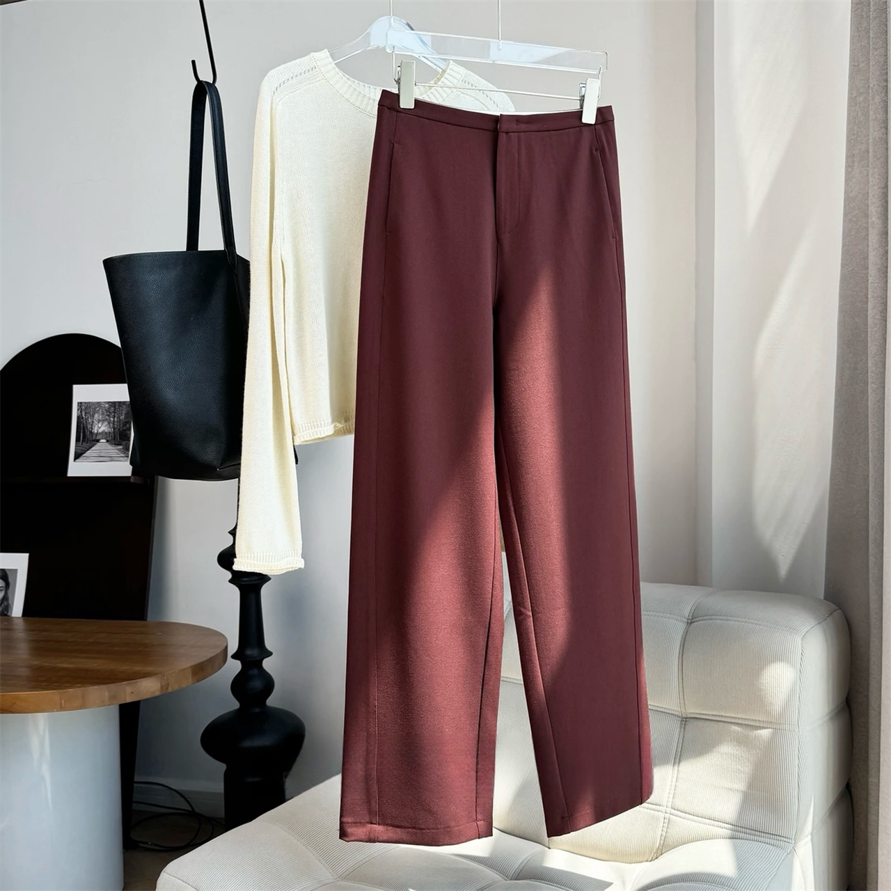 安可拉红窄版直筒裤女2024秋冬新款垂感高级感西裤窄腰休闲裤长裤