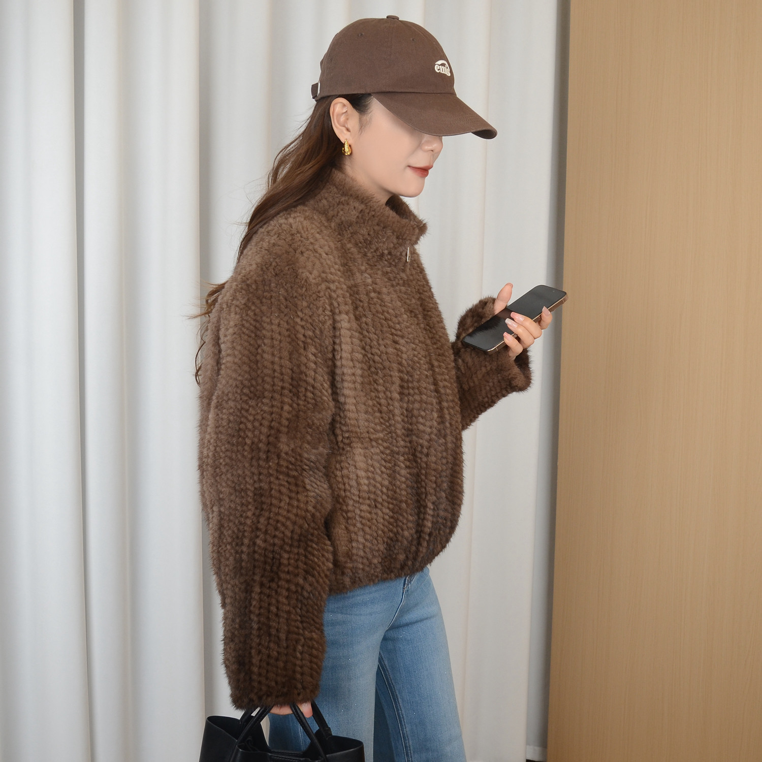 新款貂编织长袖外套进口水貂毛编织工艺女士短款时尚保暖高端皮草