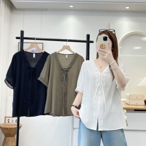 韩版温柔甜美风V领系带花边小衫