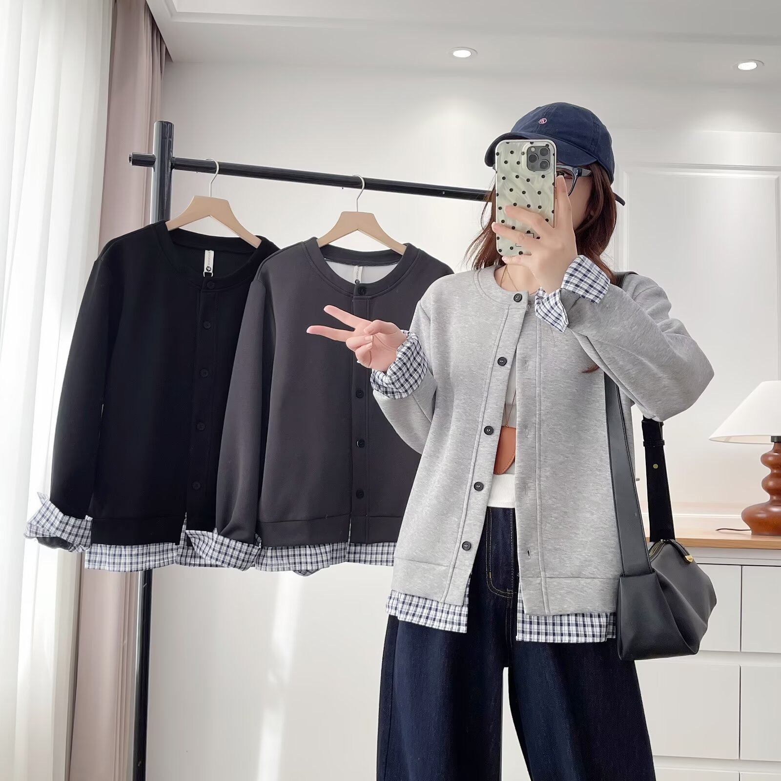 大码女装拼接格子外套200斤胖MM秋冬新款时尚简约百搭洋气棒球服
