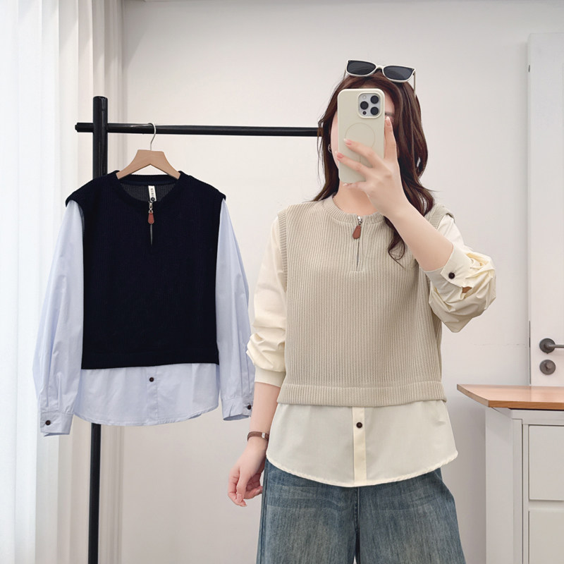 2026春装新款大码女装200斤胖MM时尚百搭马甲衬衫拼接假两件上衣