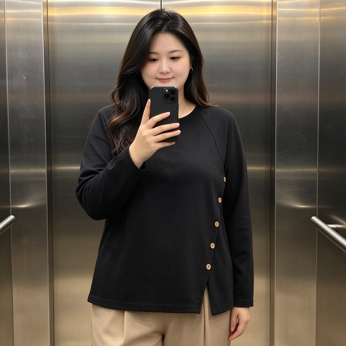 大码女装开叉设计圆领长袖上衣