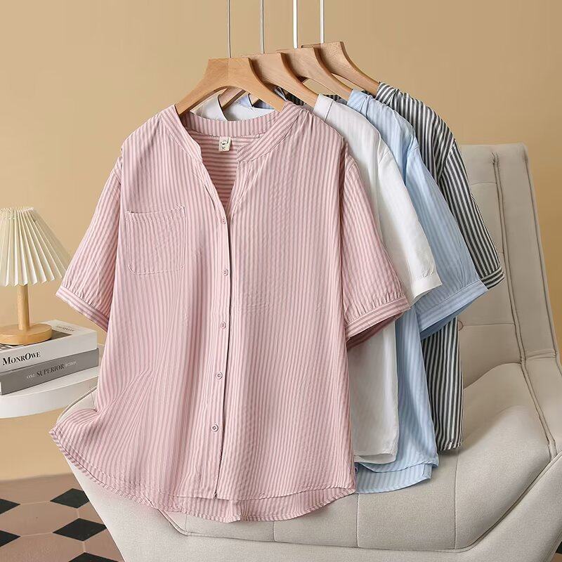 大码女装2025夏季新款胖mm显瘦遮肉百搭衬衫宽松条纹五分袖上衣