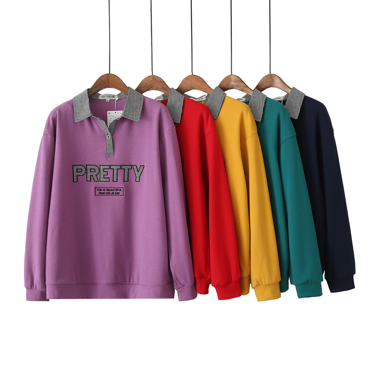 大码女装2025春季新款胖mm200斤格子贴布百搭拼接字母Polo领卫衣