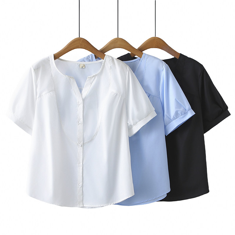 大码女装2025夏季新款胖mm显瘦遮肚宽松短袖衬衫女百搭休闲上衣