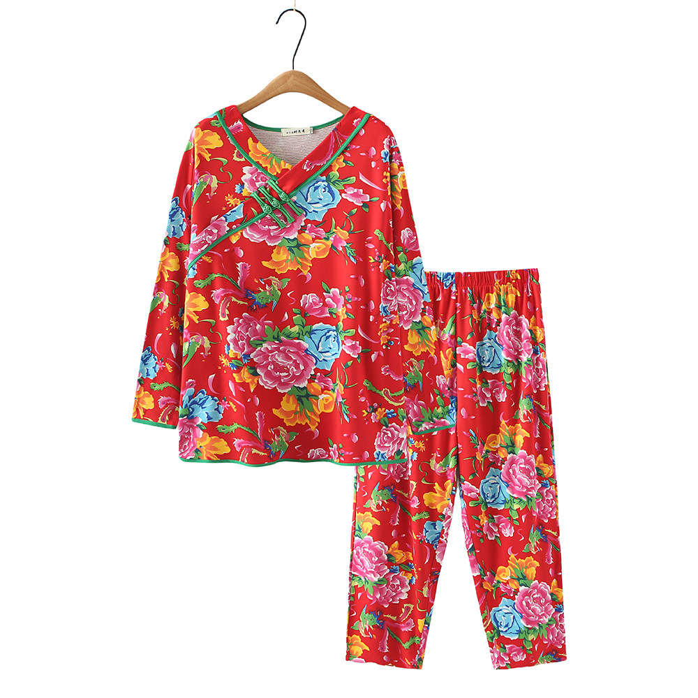 特大码220斤胖MM大码女装家居服国风休闲东北盘扣宽松花睡衣套装