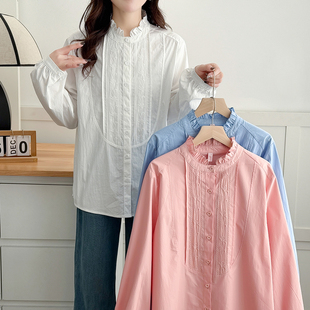 大码春季新款法式木耳边绣花立领正肩长袖衬衫气质显瘦文艺女上衣