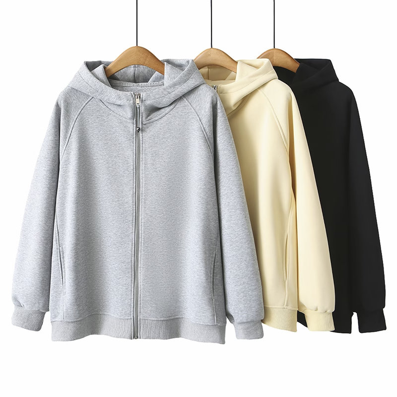 大码女装卫衣200斤胖MM春秋新款极简风连帽拉链卫衣宽松休闲外套