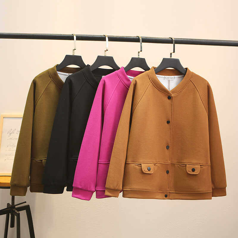 春秋长袖外套大码女装200斤胖MM宽松纯色立领运动休闲风棒球服