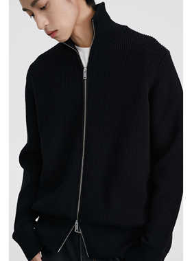 DIMC黑色立领修身双头拉链毛衣 春秋时尚高级肌理针织外套