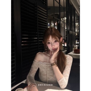 JOEY｜白雪冰透美人｜斜肩蕾丝中袖上衣 单穿/内搭的女人味神器