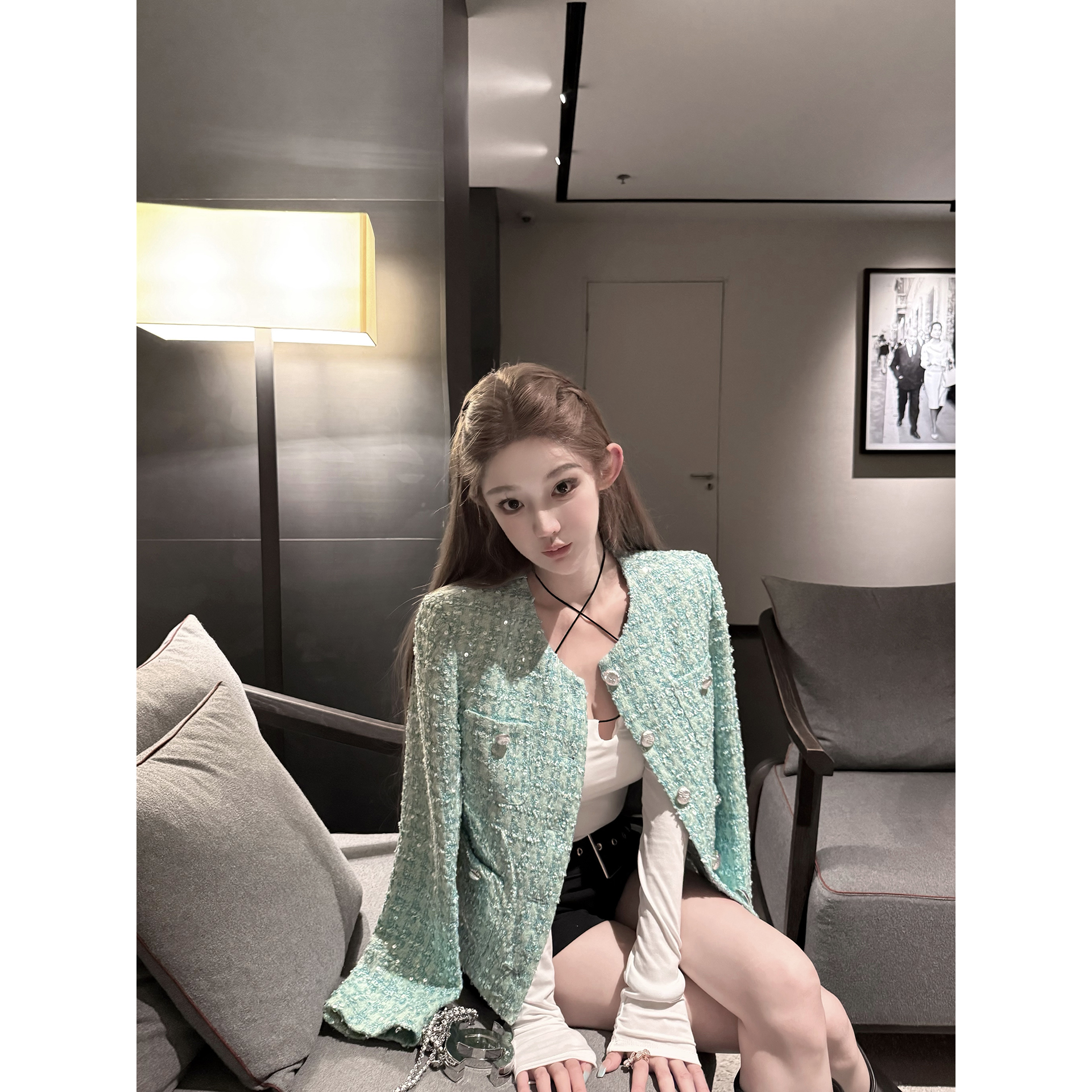 JOEY蒂芙尼蓝/定染面料 highline粗花呢高端小资小香风毛呢外套女