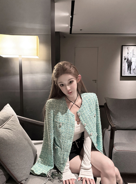 JOEY蒂芙尼蓝/定染面料 highline粗花呢高端小资小香风毛呢外套女