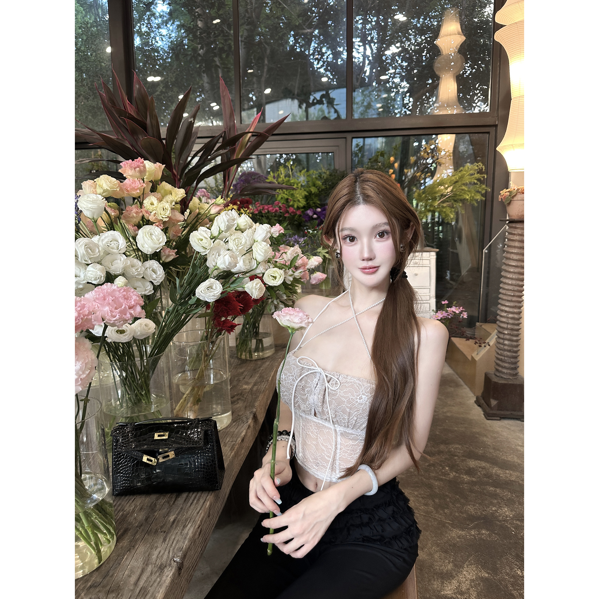 JOEY梨花/欲望拿捏 珍珠链条无袖上衣女背心内搭外穿美背蕾丝吊带