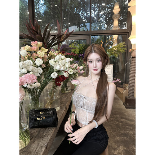 JOEY梨花/欲望拿捏 珍珠链条无袖上衣女背心内搭外穿美背蕾丝吊带