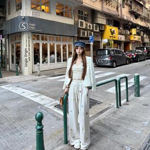 Joeys 刺绣设计感加绒针织休闲裤女秋冬季垂感高腰宽松直筒拖地裤