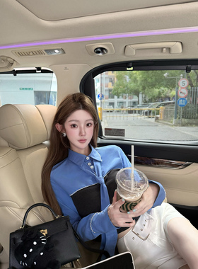 JOEY小任性资本衬衣巨好看的早秋上衣女假两件领带蓝色衬衫连衣裙