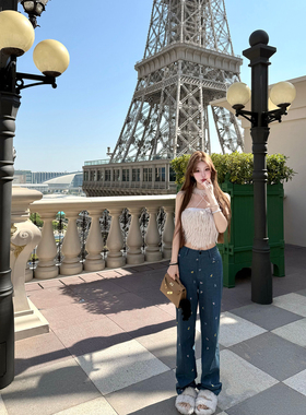 Joeys 品牌原创 定制面料 蝴蝶结刺绣裤子宽松加厚阔腿牛仔裤女