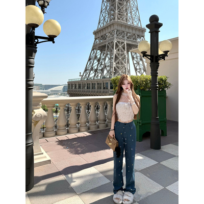 Joeys 品牌原创 定制面料 蝴蝶结刺绣裤子宽松加厚阔腿牛仔裤女