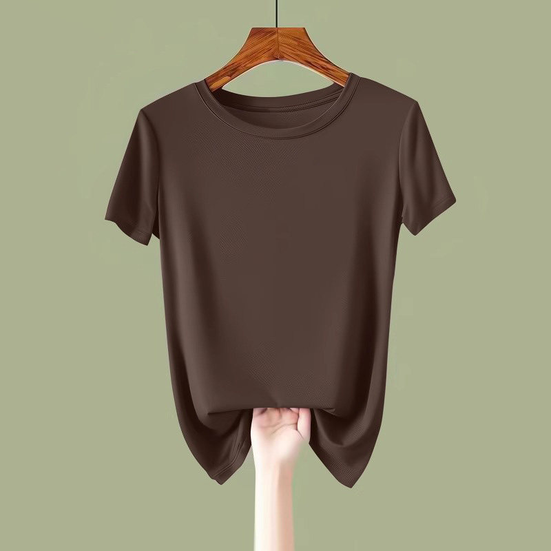 咖色冰丝莫代尔短袖T恤女夏季韩版圆领正肩时尚百搭修身显瘦上衣