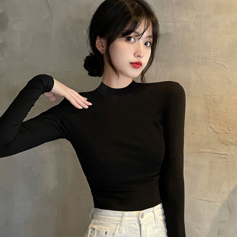 莫代尔黑色半高领打底衫女2025秋冬内搭修身面膜长袖t恤中领上衣