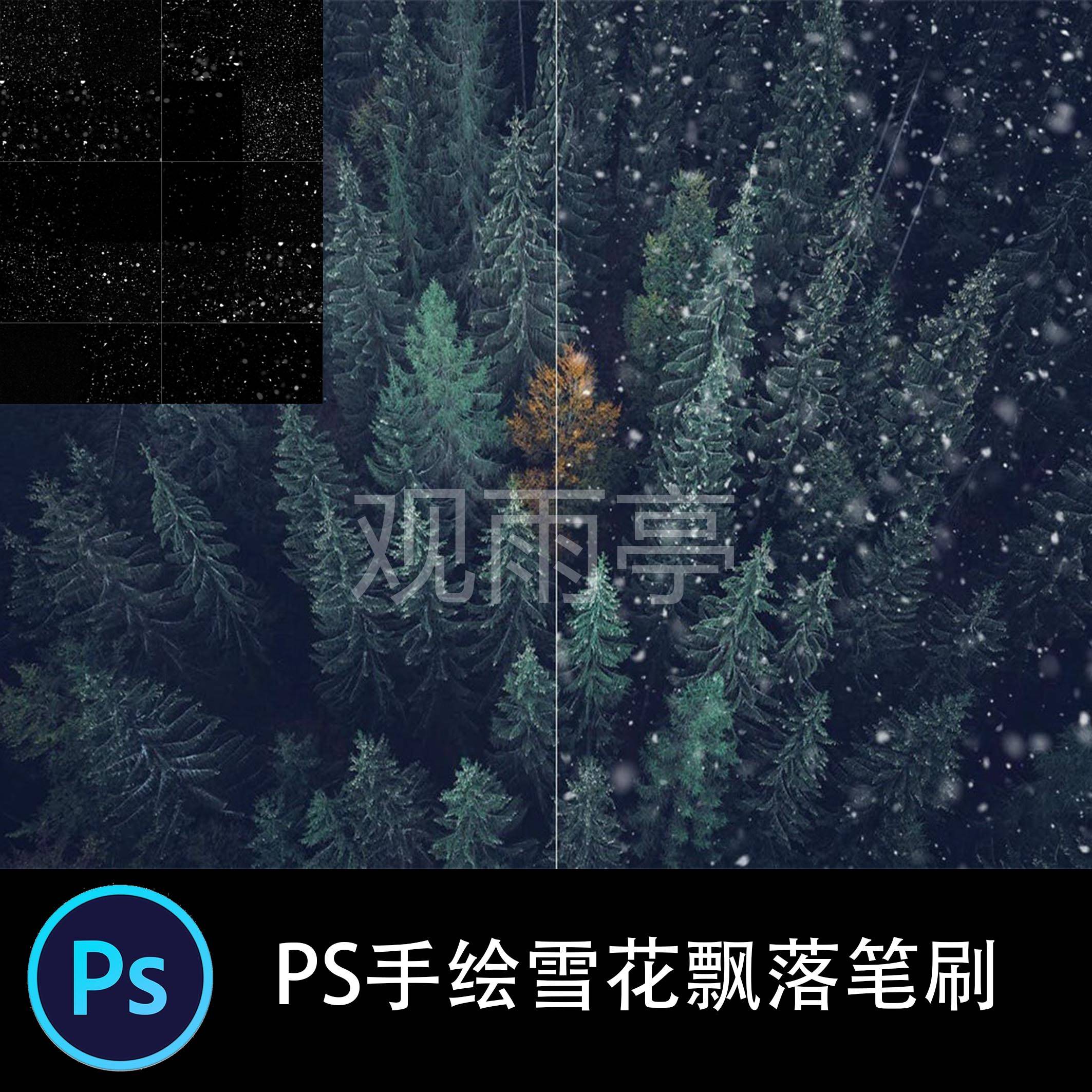 PS笔刷  100款手绘冬季下雪大...