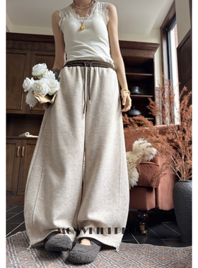 魔女MoNvKiKiPlus「叶语」大码微胖撞色松紧加绒阔腿裤#B266