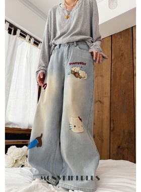魔女MoNvKiKiPlus「腊肠KT狗」大码微胖卡通刺绣加绒牛仔裤#B680