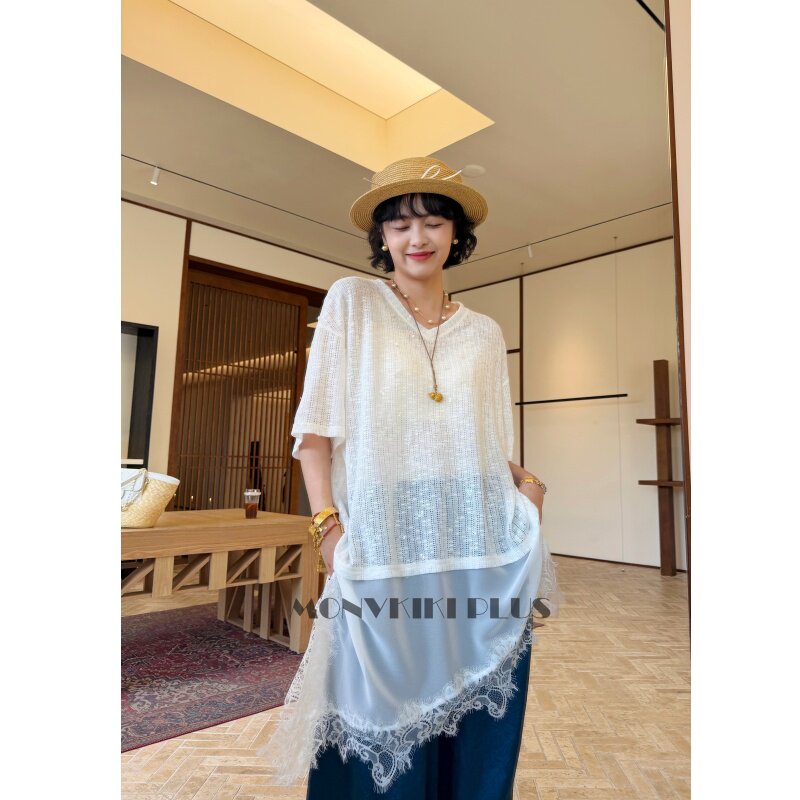魔女MoNvKiKi「星辰大海」微胖大码亮片不规则蕾丝短袖T恤#2265