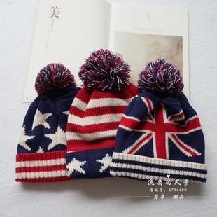 外贸厚织保暖情侣亲子潮冷帽绒球毛线帽米字旗星星条男女成人儿童