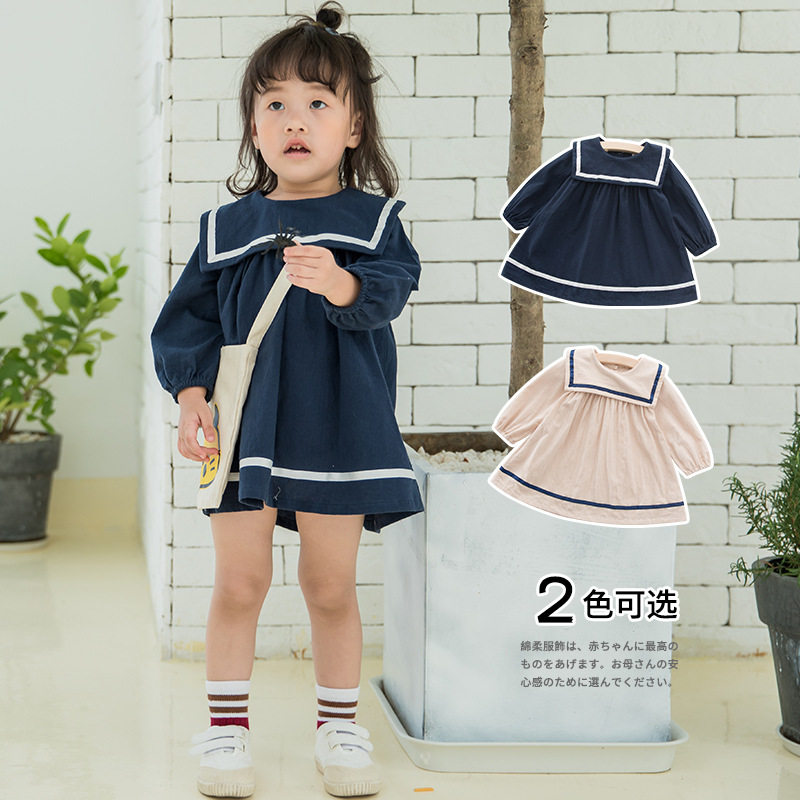 2023秋季新品女童韩版海军大翻领棉质连衣裙宝宝可爱学院风公主裙