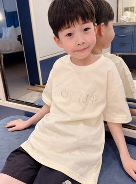 今今家刺绣字母简约圆领短袖T恤男女童宽松基础款米白色上衣宝宝