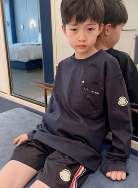 今今家知性气质藏青色男女童长袖上衣休闲圆领上衣贴袋装饰宝宝装