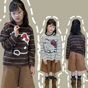 套装 今今家女童复古萌趣条纹KT猫印花长袖 T恤休闲上衣百慕大短裤