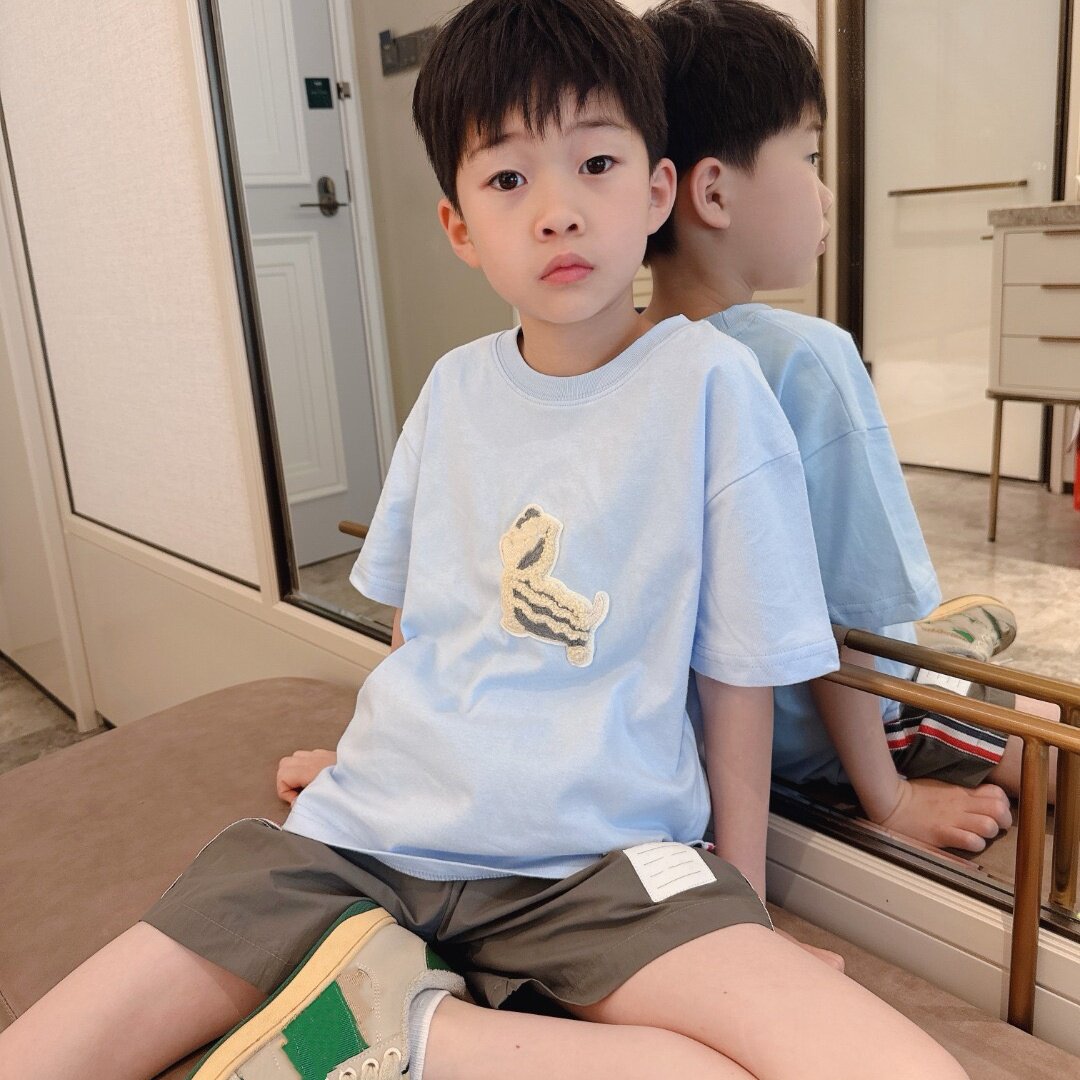 今今家毛巾绣舞狮狗短袖T恤男女童夏季蓝色圆领卡通印花宽松上衣