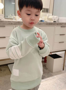 童装定制25秋冬四杠高级感纯色浅绿卫衣卫裤套装男女宝宝休闲上衣