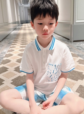 今今家翻领POLO衫男童短袖撞色条纹字母印花口袋装饰夏季新款