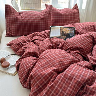 日式ins风A类全棉单被套单件色织水洗棉格子被单纯棉被罩单买床单