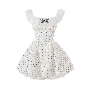 现货 甜妹可爱miu系波点杏色连衣裙女富家千金风收腰裙子 自制法式