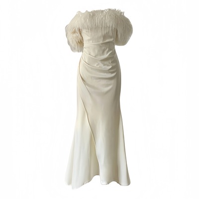 法式名媛白色毛毛抹胸晚礼服