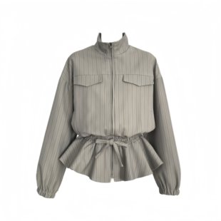 LIULIUGE甜酷辣妹风翻领条纹收腰抽绳设计感显瘦外套拉链夹克早秋