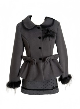 自制 灰色讯息富家千金感秋冬法式毛呢收腰短外套+波点半裙两件套